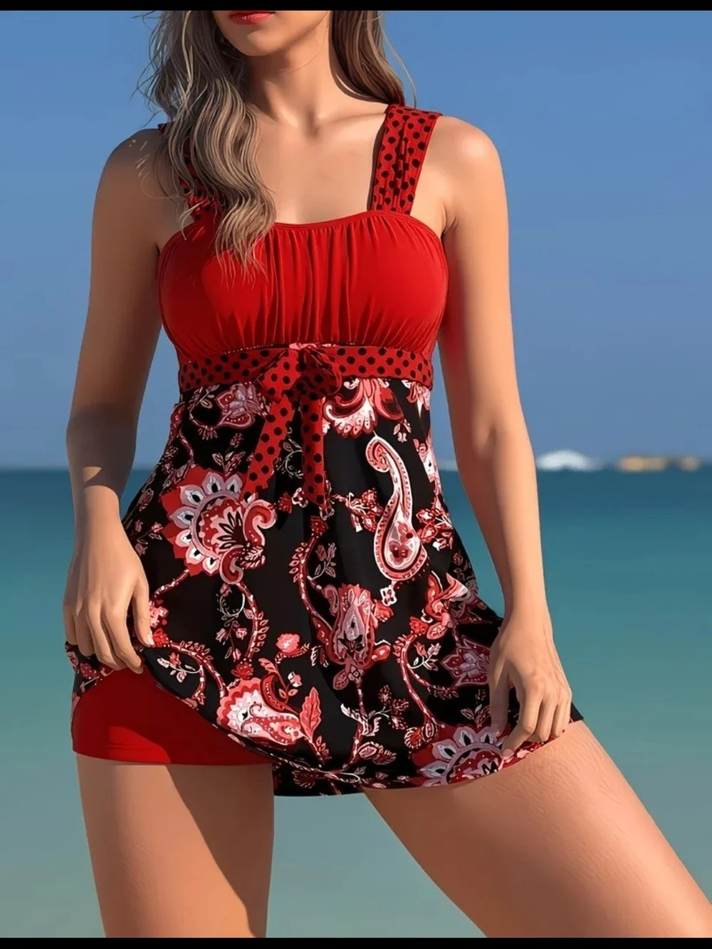 Red Paisley Tankini Two-Piece Swimsuit with Boyshorts - Picture 2 of 9